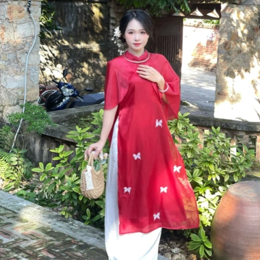 Áo dài cổ yếm tơ óng đính bướm, áo khoác choàng, quần lụa - 24FebStudio AD17, giá ưu đãi 234k 2