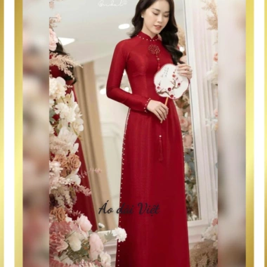 Áo dài cưới đỏ đậm cô dâu lụa vân gỗ, đính đá pha lê cao cấp, may sẵn - 130.500₫