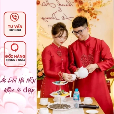 Áo dài cưới đỏ trắng cặp song hỷ May Mắn - Giá chỉ 360.000đ | Áo Dài Hà Nội 7