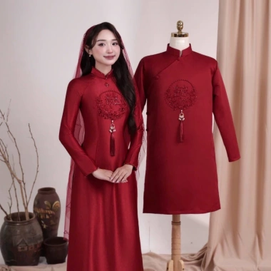 Áo dài cưới Hoa Hỷ lụa bảo ngọc cao cấp cặp đôi nam nữ mẫu mới 2.026 - Giá ưu đãi 675k