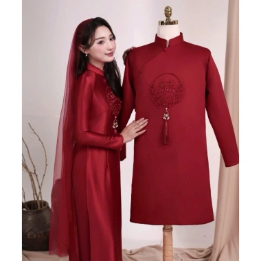 Áo dài cưới Hoa Hỷ lụa bảo ngọc cao cấp cặp đôi nam nữ mẫu mới 2.026 - Giá ưu đãi 675k