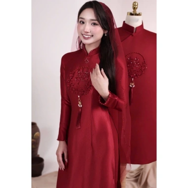 Áo dài cưới Hoa Hỷ lụa bảo ngọc cao cấp cặp đôi nam nữ mẫu mới 2.026 - Giá ưu đãi 675k