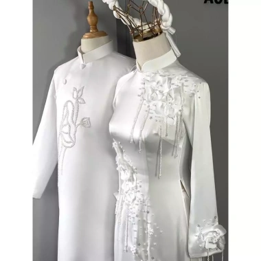 Áo dài cưới hoa trà trắng cặp đôi - Thiết kế cho cô dâu & chú rể, giá ưu đãi 675k