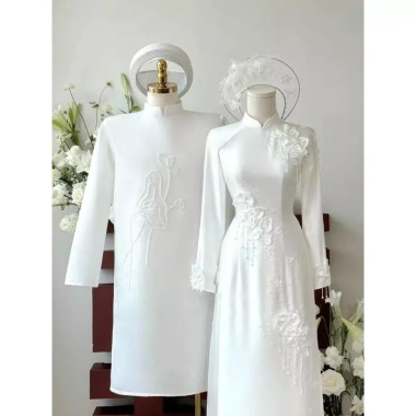 Áo dài cưới hoa trà trắng cặp đôi - Thiết kế cho cô dâu & chú rể, giá ưu đãi 675k