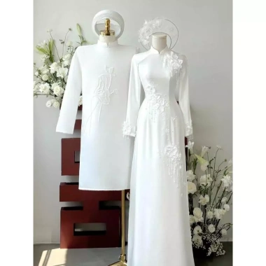 Áo dài cưới hoa trà trắng cặp đôi - Thiết kế cho cô dâu & chú rể, giá ưu đãi 675k