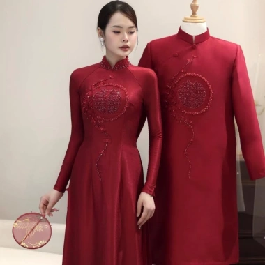 Áo dài cưới Hỷ Trọng Đại cao cấp lụa vân gỗ – áo đôi nam nữ ăn hỏi, dạm ngõ, giá ưu đãi 675k