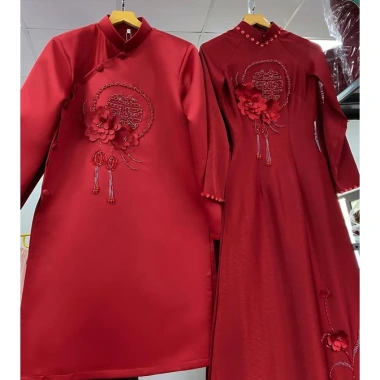 Áo dài cưới Thược Dược Đỏ chữ hỷ vải lụa vân gỗ cao cấp - Dàm ngõ & cặp đôi giá 720.000 2