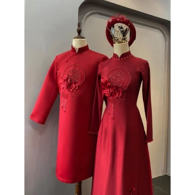 Áo dài cưới Thược Dược Đỏ chữ hỷ vải lụa vân gỗ cao cấp - Dàm ngõ & cặp đôi giá 720.000 5