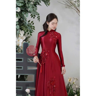 Áo dài dâu đính kết hoa thủ công chắc chắn, tỉ mỉ siêu xinh - Giá chỉ 499.000₫ 2