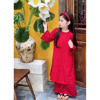 Áo dài đỏ cách tân cho bé gái Tết, form suông cổ tây, kèm mấn cài đầu - 229.000₫ 9