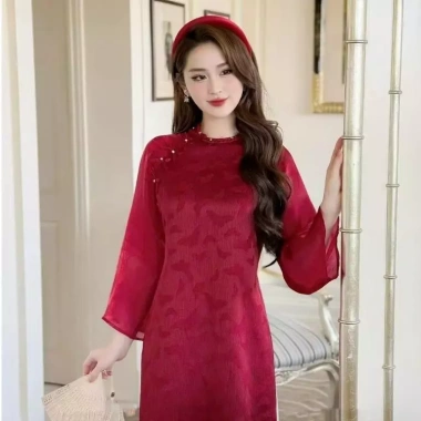 Áo dài đỏ cách tân Mẹ và Bé Ngọc Điệp - Chất tơ mềm, thời trang Tết, giá 99.500đ 6