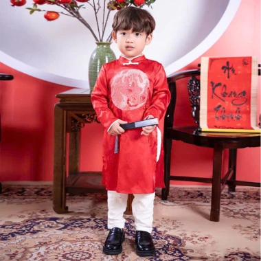 Áo dài đôi bé trai bé gái cặp thêu long phượng, gấm Hàn mềm đỏ xinh MamLa OL199 3 Áo dài đôi bé trai bé gái cặp thêu long phượng, gấm Hàn mềm đỏ xinh MamLa OL199 3