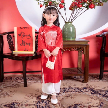 Áo dài đôi bé trai bé gái cặp thêu long phượng, gấm Hàn mềm đỏ xinh MamLa OL199