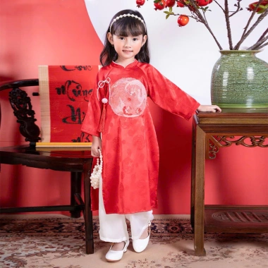 Áo dài đôi bé trai bé gái cặp thêu long phượng, gấm Hàn mềm đỏ xinh MamLa OL199 10 Áo dài đôi bé trai bé gái cặp thêu long phượng, gấm Hàn mềm đỏ xinh MamLa OL199 10