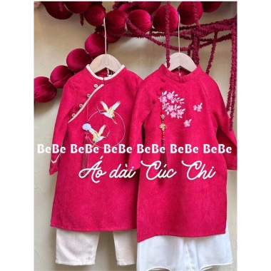 Áo dài đôi BeBe cho bé trai và bé gái - Nhung tăm mềm mại, set Tết truyền thống trẻ em, giá 396.000 VND 10