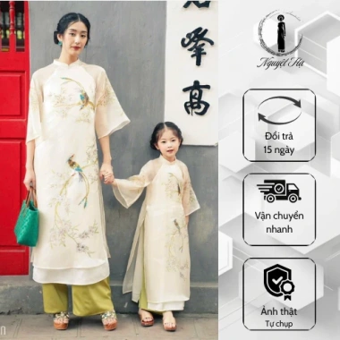 Áo dài đôi cách tân Nguyệt Hạ 4 tà organza thêu đính nổi - Áo dài tết mẹ bé truyền thống AD011