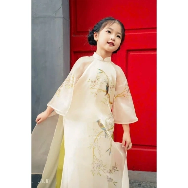 Áo dài đôi cách tân Nguyệt Hạ 4 tà organza thêu đính nổi - Áo dài tết mẹ bé truyền thống AD011