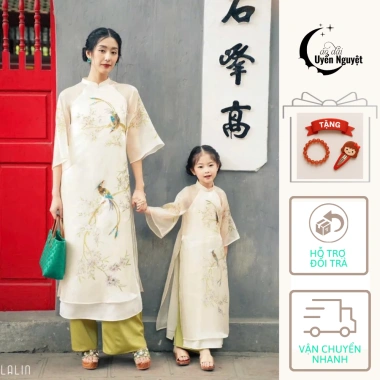Áo dài đôi cách tân Uyển Nguyệt 4 tà vải organza thêu đính nổi - Truyền thống Tết mẹ bé, giá ưu đãi 220k, thiết kế đặc biệt, đẹp mắt, độc đáo