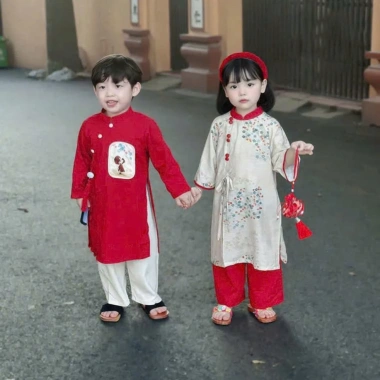 Áo dài đôi hoa lá cho bé gái và bé trai, size 10-28kg Ct13, thích hợp tết và đi chơi - Giá chỉ 179.000₫