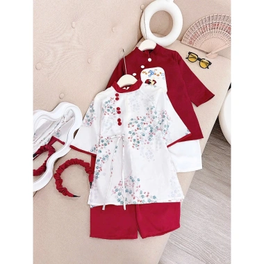Áo dài đôi hoa lá cho bé gái và bé trai, size 10-28kg Ct13, thích hợp tết và đi chơi - Giá chỉ 179.000₫