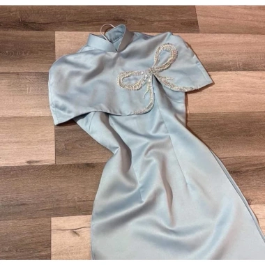 Áo dài đôi nam nữ tafta voan tơ hoa xanh bê, size bigsize 4XL, thích hợp tiệc cưới giảm giá 20%