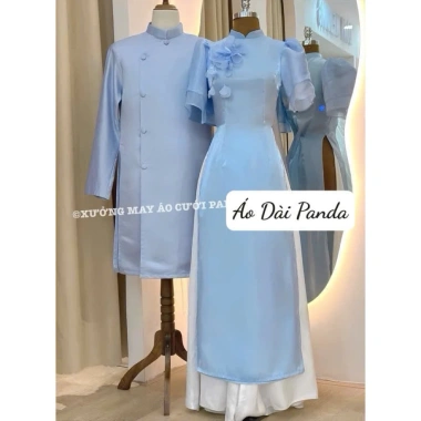 Áo dài đôi nam nữ tafta voan tơ hoa xanh bê, size bigsize 4XL, thích hợp tiệc cưới giảm giá 20%