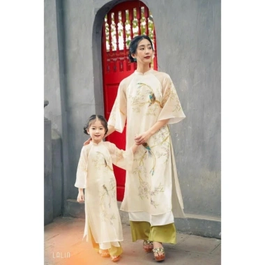 Áo dài đôi Thiên Hương AD011 - 4 tà organza thêu đính nổi, Tết mẹ bé - Giá 220k