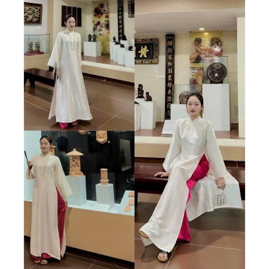 Áo dài gấm dáng xuông tay loe, cổ truyền thống 2,5cm, phối quần lụa đa màu cao cấp, thiết kế tinh tế – Giá 347.118 VND 6