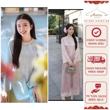 Áo Dài Gấm Dáng Xuông Tay Loe Đính Kết Thủ Công Hàng Mới Tặng Đôi Bông Tai ANNA