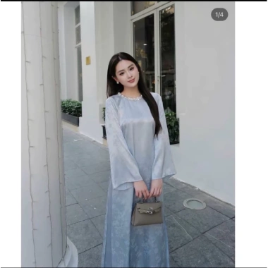 Áo Dài Gấm Dáng Xuông Tay Loe Đính Kết Thủ Công Hàng Mới Tặng Đôi Bông Tai ANNA