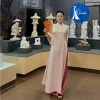 Áo dài gấm hoa dáng xuông màu hồng trẻ trung, truyền thống giá ưu đãi 300k cho Tết