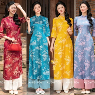Áo dài gấm nữ tay lỡ hoa văn cổ điển sang trọng - ưu đãi 259k cho Tết và lễ hội
