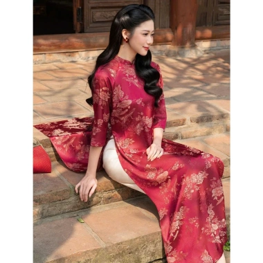 Áo dài gấm nữ tay lỡ hoa văn cổ điển sang trọng - ưu đãi 259k cho Tết và lễ hội