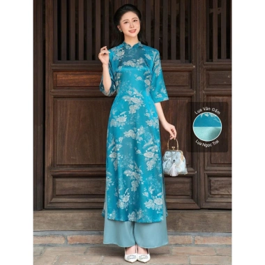 Áo dài gấm nữ tay lỡ hoa văn cổ điển sang trọng - ưu đãi 259k cho Tết và lễ hội