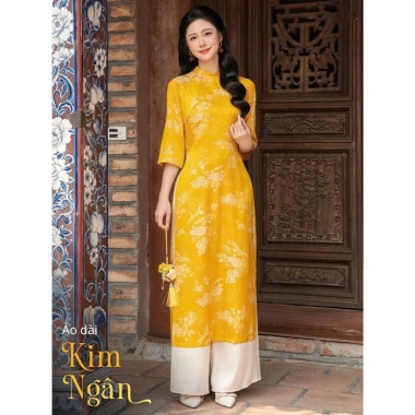Áo dài gấm nữ tay lỡ hoa văn cổ điển sang trọng - ưu đãi 259k cho Tết và lễ hội