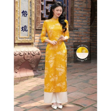 Áo dài gấm nữ tay lỡ hoa văn cổ điển sang trọng - ưu đãi 259k cho Tết và lễ hội