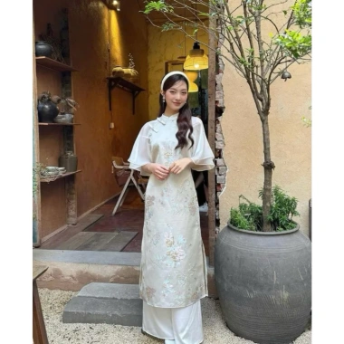 Áo dài gấm thêu tay hai lớp đính nơ ngực Thanh Điệp - Giá giảm còn 318.000₫