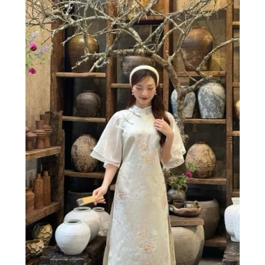 Áo dài gấm thêu tay hai lớp đính nơ ngực Thanh Điệp - Giá giảm còn 318.000₫