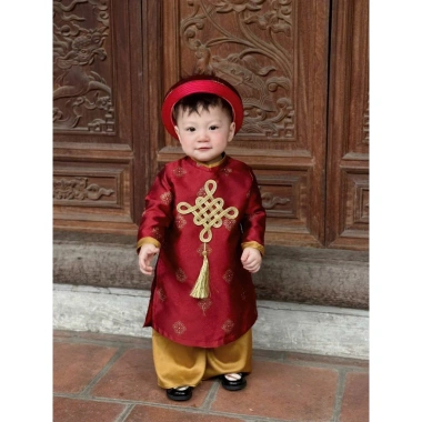 Áo Dài Gấm Thêu Tết Cao Cấp cho Bé Trai AODAI08 giảm giá 369k tặng khăn xếp