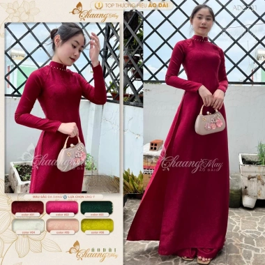 Áo dài gấm tơ đỏ đô Chaang may sẵn, truyền thống trẻ trung, áo dài cô giáo đẹp cho tiệc cưới, lễ tết - ADC731