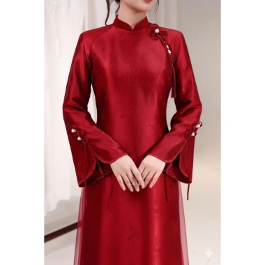 Áo Dài Gấm Vân Mây Dáng Xuông Tay Dài Loe Xẻ, Nơ Điểm Nhấn Sang Trọng – 393.600₫