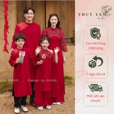Áo dài gia đình thiêu hoa, đính kết Thuỷ Tâm – Vải chéo & gấm tơ cao cấp AD034, giảm còn 205.000₫