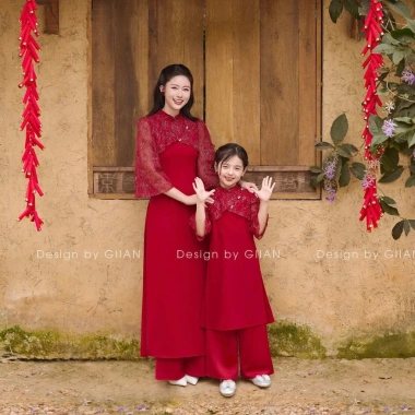 Áo dài gia đình thiêu hoa, đính kết Thuỷ Tâm – Vải chéo & gấm tơ cao cấp AD034, giảm còn 205.000₫