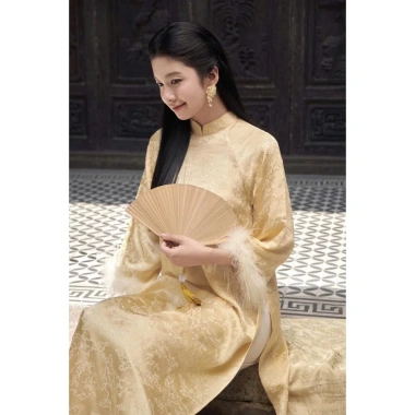 Áo dài gia đình tone Vàng gấm vân cho nam & nữ - vải mềm lông vũ, thiết kế Linh Sơn 288k