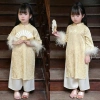 Áo dài gia đình tone Vàng gấm vân cho nam & nữ - vải mềm lông vũ, thiết kế Linh Sơn 288k 6