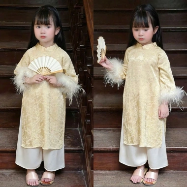 Áo dài gia đình tone Vàng gấm vân cho nam & nữ - vải mềm lông vũ, thiết kế Linh Sơn 288k