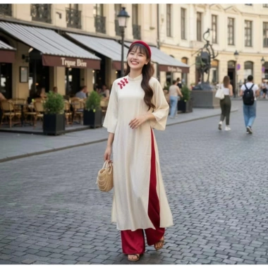 Áo Dài Hot Trend Tết 2.026 Lụa Cơ Uyển Hoa Chìm Cúc Sò Cách Điệu Giá 268.460 VND