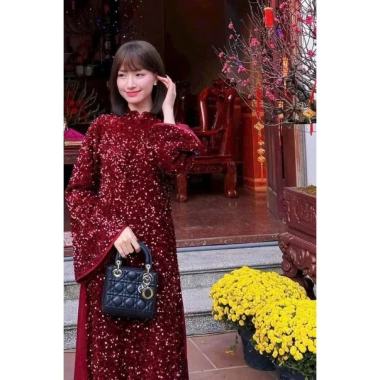 Áo dài kim sa bling hot trend Tết 2.026, phối quần lụa dáng suông cao cấp - Giá 479.000 VND