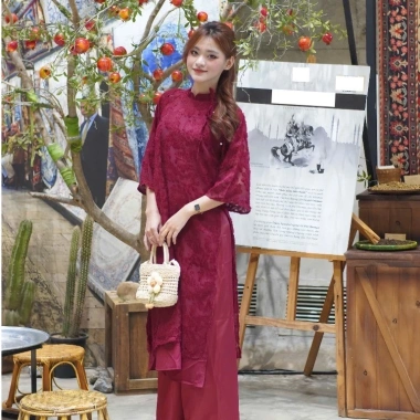 Áo Dài Lông Vũ NV679 Tay Loe Phối Buộc Nơ Cách Điệu và Quần - Giá Ưu Đãi 235k cho Lễ Tết 2.026