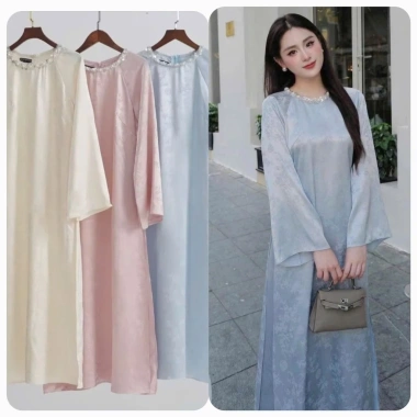 Áo Dài Lụa Gấm Hoàng Yến Cổ Tròn Đính Kết Sang Trọng Nữ Tính - Giá Tết 297.500₫